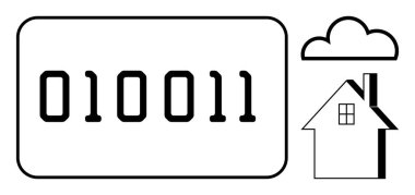 Dikdörtgen, bulut ve ev hatları arasındaki ikili sayı dijital depolama, bulut hesaplama, akıllı ev teknolojisi. IT, siber güvenlik, IOT, bulut depolama teknolojisi geliştirme yapay