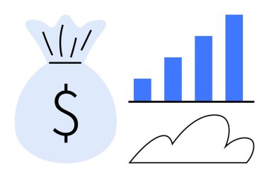 Dolar işaretli para çantası, yükselen mavi çizelge ve bulut taslağı. Finans, büyüme, yatırım, teknoloji, başarı iş stratejisi ve yenilik için ideal. Basit düz metafor