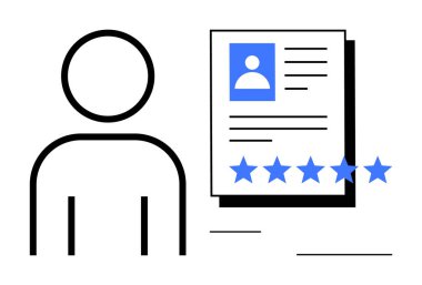 Profil belgesinin yanında beş yıldızlı bir resim ve not içeren insan figürü simgesi. İdeal İK, işe alım, performans değerlendirmesi, yetenek edinme, çalışan değerlendirmesi, kariyer geliştirme, işe alım