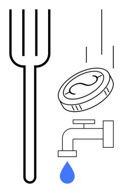 Tek bir mavi su damlası düşen musluğun yanında büyük bir çatal. Bozuk para hareket halinde. Çevresel farkındalık, kaynak yönetimi, sürdürülebilirlik, su tasarrufu, maliyet verimliliği için ideal