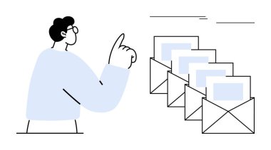 Mesajın gönderildiği zarfları istifleyen kişi e-posta organizasyonunu öneriyor. Üretkenlik, iletişim, ağ, dijital pazarlama, bildirimler, iş akışı için ideal