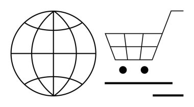 Dünya çapında erişimi temsil eden küre modern bir çizgi tarzında bir alışveriş arabasının yanında. E-ticaret platformları, küresel ticaret, çevrimiçi alışveriş, dijital dağıtım, ticaret, küreselleşme için ideal