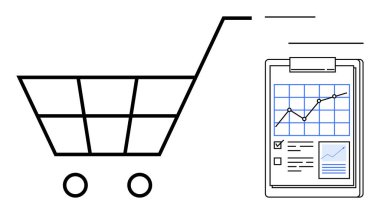 Analiz panosunun yanındaki alışveriş arabasında büyüme çizelgesi ve verileri var. Bu da satış analizi öneriyor. İş, perakende, e-ticaret, pazarlama, veri yönetimi, strateji, basit düz metafor
