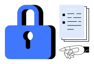 Mavi kilit güvenliği simgeliyor. Robot el teknoloji, otomasyon ve yapay zekayı işaret ediyor. Siber güvenlik, gizlilik, teknoloji, veri koruması, dijital dönüşüm için ideal