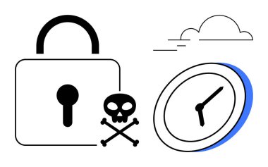 Güvenlik, kafatası ve çapraz kemikleri temsil eden asma kilit tehlikeyi simgeliyor ve saat de zamana duyarlılığı simgeliyor. Siber güvenlik, risk yönetimi, tetikte olmak, son teslim tarihleri, aciliyet ve ihtiyat için ideal