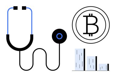 Stetoskop, Bitcoin sembolü ve bar tablosu, sağlık hizmetleri finansmanı, dijital para birimi ve veri analizini keşfetmek için birleşir. Fintech, engelleme zinciri, sağlık ekonomisi ve teknoloji yeniliği için ideal