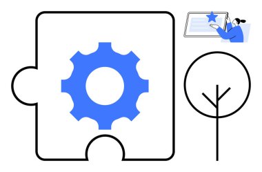 Vites bulmacası çözümleri sembolize eder, ağaç büyümeyi temsil eder ve insan dijital ekranda yıldızı keşfeder. Yenilik, sorun çözme, sürdürülebilirlik, teknoloji, takım çalışması, özlem için ideal