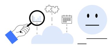 Büyüteçle birlikte bulut verilerini bulmaca, takvim ve yüzün yanında inceler, analitiği sembolize eder, planlar, problem çözme, karar verme, araştırma verimliliği duygusal içgörü. Basit düz