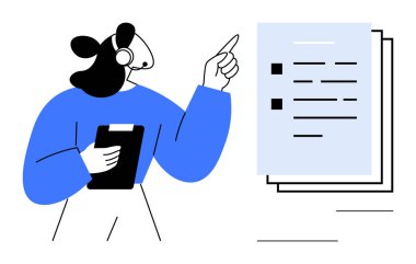 Müşteri desteği temsilcisi bir belgeyi işaret ederken elinde bir pano tutuyor. Müşteri hizmetleri, iletişim, takım çalışması, eğitim, eğitim, iş süreçleri, rehberlik için ideal. Basit düz