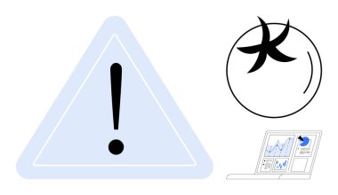 Uyarı üçgeni bir dizüstü bilgisayarda dikkat, soyut dairesel tasarım ve veri analizi vurguluyor. Tehlike, uyarı, odaklanma, veri analizi, güvenlik, risk yönetimi için ideal basit düz metafor