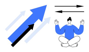 Yoga yaparken meditasyon yapan kişi, gelişmeyi ve ilerlemeyi simgeleyen yukarı doğru mavi okların yanında sakinlik yayar. Öz gelişim, farkındalık, denge, liderlik, hedef başarı, kişisel bakım için ideal