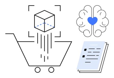 Minimalist alışveriş arabası, 3 boyutlu nesne taraması, kalp sembollü insan beyni ve kontrol listesi. E-ticaret, yapay zeka, veri, yaratıcılık, teknoloji planlaması için ideal. Basit düz metafor