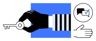 El kavrama anahtarı, açık el hareketi, işaretli sohbet balonu. Güvenlik, güven, iletişim, işbirliği, anlaşmalar erişilebilirlik yeniliği için idealdir. Basit düz metafor