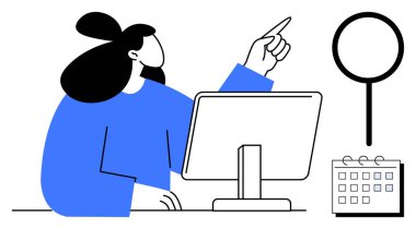 Masaüstü bilgisayarı ve referans takvimi kullanırken büyüteçlere bakan kadın. Araştırma, organizasyon, planlama, zaman yönetimi, üretkenlik, analiz, odaklanma için ideal. Basit düz