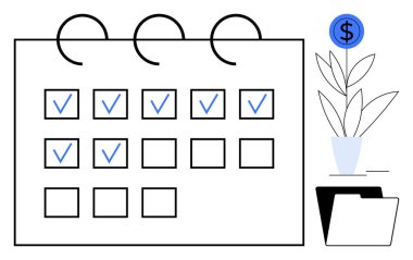 Tamamlanmış görevlerle, klasörlerle ve üzerinde dolar işareti olan bitkilerle işaretlenmiş takvim. Organizasyon, planlama, üretkenlik, büyüme, finansal başarı sağlamak için ideal. Basit düz metafor