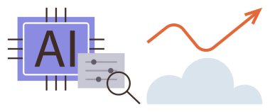 Kontrollü yapay zeka çipi, büyüteç, bulut çizimi ve turuncu bir ok. Yapay zeka, veri analizi, teknoloji büyümesi, bulut yeniliği, makine öğrenme iş stratejileri için ideal