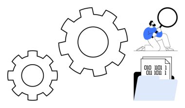 Dişlilerin yanında büyüteç kullanan ve ikili kodlu dosya kullanan bir adam. Veri analizi, sistem optimizasyonu, süreç otomasyonu, programlama, problem çözme, araştırma, basit düz metafor