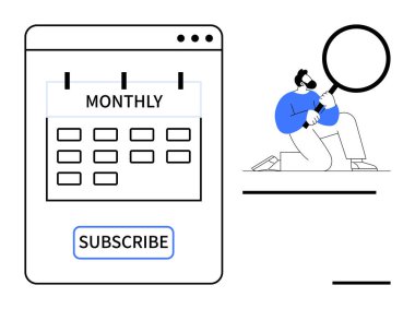 Çevrimiçi takvimde aylık plan ve abonelik düğmesi elinde büyüteç tutan bir adamla birlikte. Abonelik hizmetleri, zaman yönetimi, görev planlaması, araştırma, iş, dijital