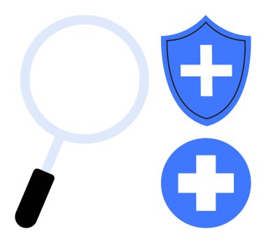 Büyüteç, haçlı kalkan ve sağlık kontrolü, tıbbi araştırma, koruma, sağlık desteği, teşhis, güvenlik sağlığını vurgulayan dairesel haç simgesi. Temiz ve basit düz metafor