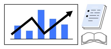 Büyüme eğilimi oklu çubuk grafik, açık kitap, belgeler. İş, eğitim, analitik, araştırma ve strateji gelişimi için ideal başarı. Basit düz metafor için mükemmel.