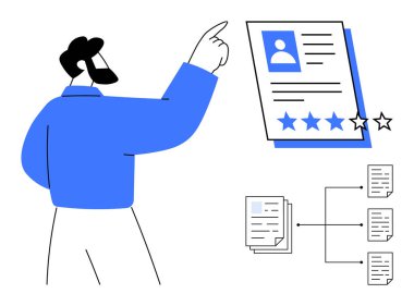 Yıldız dereceli ve birbiriyle bağlantılı belgeleri olan bir profili işaret eden biri. İşe alım, insan kaynakları, değerlendirme, kariyer geliştirme, iş başvuruları, iş akışı, organizasyon için ideal. Basit düz metafor