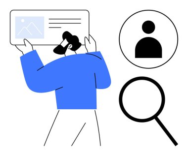 Kullanıcı simgesi ve büyüteç kimlik ve keşfi sembolize ederken dijital profil kartını inceleyen kişi. İşe alım, ağ oluşturma, kimlik, araştırma, veri analizi, arama süreci için ideal