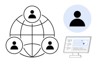 Tek bir profil ve bilgisayar ekranının bitişiğindeki bir dünya üzerindeki bağlı kullanıcı simgeleri ağı. Takım çalışması, bağlantı, profil, yönetim, iletişim, uzak çalışma, basit düz metafor