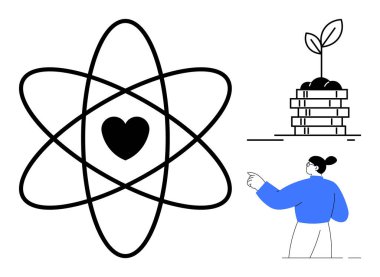 Kalbi bilimi ve özeni simgeleyen atom, madeni paralardan filizlenen bitki, büyümeyi ve sürdürülebilirliği temsil eden kişi, rehberliği gösteren kişi. Eğitim, çevrecilik ve hayırseverlik için ideal