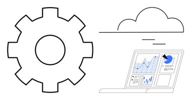 Dizüstü bilgisayarın üstünde bulut büyüklüğünde grafikler, tablolar ve analizler var. Teknoloji, üretkenlik, yenilik, bulut hesaplama, otomasyon, veri analizi ve iş akışı için ideal
