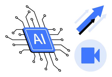 Devreli yapay zeka çipi, yukarı doğru oklar ve video ikon vurgulama teknolojisi, yenilik, video işleme, fütüristik kavramlar, üretkenlik, büyüme, gelişmiş bilgisayarlar. Yapay zeka geliştirme teknolojisi için ideal