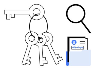 Bir yüzükteki üç anahtar, büyüteç ve klasördeki kullanıcı profili. Güvenlik, erişim, arama, veri koruması, kimlik gizlilik soruşturması için ideal. Basit düz metafor