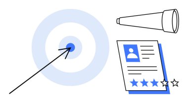 Ok hedefi vuruyor, teleskop görüşü sembolize ediyor ve değerlendirme için değerlendirme belgesi hazırlıyor. İş stratejisi, liderlik, başarı, hedef izleme, odaklanma, performans değerlendirmesi için ideal