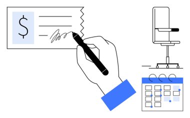 Üzerinde dolar işareti olan bir çek imzalamak, çalışma alanını gösteren bir ofis sandalyesi ve planlama takvimi. Finans, maaş, zamanlama, işyeri dengesi, bütçe, teslim tarihleri için ideal