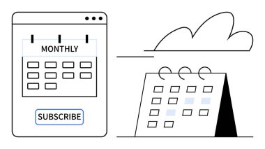 Web sitesi penceresinde aylık etiketle takvim arayüzü, abone düğmesi, masa takvimi, bulut. Planlama, programlama, abonelik, verimlilik organizasyonu zaman yönetimi için ideal. Basit düz