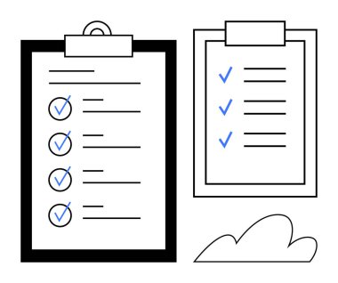 Üzerinde mavi işaretli kontrol listeleri olan iki pano, organizasyon, verimlilik ve görev yönetiminin vurgulanması. Planlama, iş, eğitim, iş akışı, hedefler için ideal hesap basit