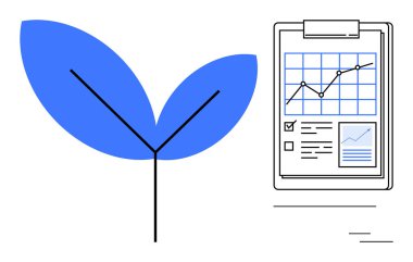 Mavi yapraklar, listeler ve çizelgeler içeren bir panoyla eşleştirilmiş ince bir sapla bağlanmış. Sürdürülebilirlik, büyüme, eko-ticaret, analitik, strateji, kalkınma ve çevre için ideal