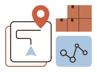 Yön bulma, ok ve konum pimi, istiflenmiş kutular ve analitik grafiği. Lojistik, tedarik zinciri, dağıtım sistemleri, izleme, ulaşım, veri analizi için ideal basit düz metafor