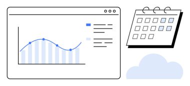 Mavi istatistik eğilimli gösterge panelinde veri grafiği, zamanlama takvimi, dijital depolama için bulut simgesi. Veri takibi, proje planlaması, üretkenlik, iş analizleri, programlama uygulamaları için ideal