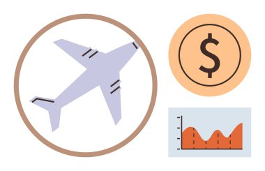 Bir dolar madeni para ve çizgi grafiği ile birlikte uçak içi daire içinde maliyet hesaplamaları, ekonomik planlama, tasarruf, seyahat bütçeleri, finans yönetimi, turizm büyümesi ve strateji modellemesi önermektedir. A