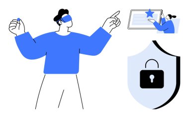 AR ekranında gezinen VR kulaklıklı kişi, kilitli kalkan simgesi ve dokunmatik ekran eylemi. Teknoloji, yenilik, güvenlik, artırılmış gerçeklik, dijital arayüz, kullanıcı deneyimi için ideal basit