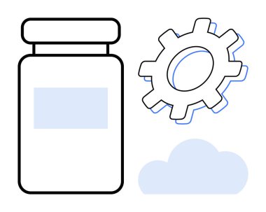 İlaç şişesi, dişli ve bulut görselleştirme sağlık teknolojisi, yenilik ve veri depolama. Tıbbi ilerleme için ideal, otomasyon, araştırma, eczane bulut hesaplama uyuşturucu üretimi için basit düz
