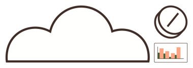 Veri analizini gösteren çizelgeyle bulut iskeleti ve dijital verimliliği ve ölçümleri sembolize eden zamanlayıcı. Teknoloji, veri, analitik, üretkenlik, yönetim, bağlantı, yenilik için ideal