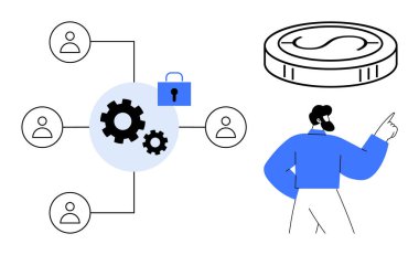 Kullanıcı simgeleri, asma kilit amblemi ve mali güvenliği, takım çalışmasını ve sistem yönetimini temsil eden dolar sikkeye bağlı dişliler. İşbirliği, para yönetimi, veri güvenliği, ağ oluşturma için ideal