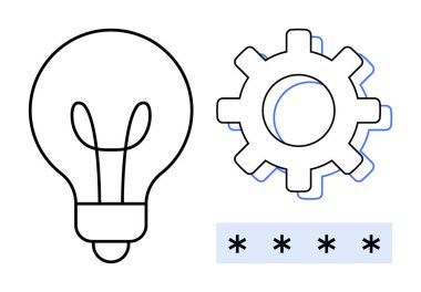 Ampul ve teçhizat fikirleri ve optimizasyonu sembolize eder, dijital güvenliği işaret eden şifre girişi ile birlikte. Yenilik, süreç, iş akışı, yaratıcılık, teknoloji ve siber güvenlik için ideal