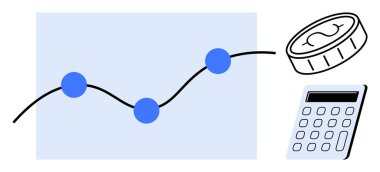 Eğri üzerindeki noktalı grafikler maddi eğilimleri temsil ederken, yanında bütçe, karar verme ve ekonomik büyümeyi vurgulayan bir madeni para ve hesap makinesi de yer alıyor. Analiz, finans ve istatistik için ideal
