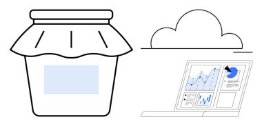 Kumaş kapaklı kavanoz, bulut simgesi ve grafikli dizüstü bilgisayar. Veri depolama, analitik, bulut hesaplama, koruma, teknoloji eğilimleri, iş zekası ve sürdürülebilirlik için ideal