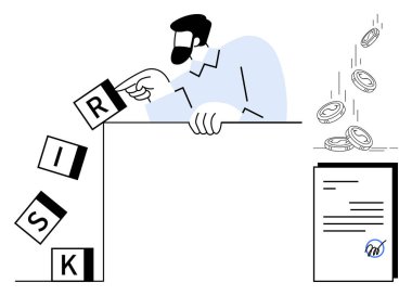 Adam RISK bloklarını devirirken madeni paralar imzalı sözleşmenin yanına düşüyor. İş, karar verme, finans, risk yönetimi, yatırım, strateji, sözleşmeler için idealdir. Basit düz metafor