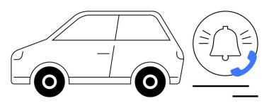 Bir uyarı zili ve telefon ikonunun yanında güvenlik uyarılarını, bağlantıyı ve iletişimi temsil eden bir araç ana hatları. Teknoloji, ulaşım, sürüş, güvenlik, inovasyon mobil uygulamaları için ideal