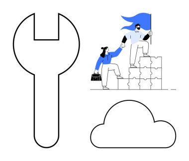 İnsanlar işbirliği yapıyor, bulmaca parçalarına tırmanıyor büyük aletler ve bulut grafikleriyle bayrak tutuyorlar. Takım çalışması, iş stratejisi, başarı, problem çözme, bulut hesaplama, yenilik için ideal