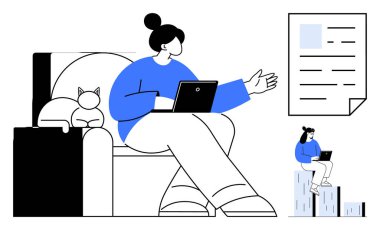 Tabletli kadın sakin kedi ve belgenin yanındaki koltukta düşünceli bir şekilde el kol hareketi yapıyor. Çubuk grafikteki daha küçük rakam büyümeyi ve yeniliği simgeliyor. Uzak çalışma, proje yönetimi, kişisel çalışma için ideal